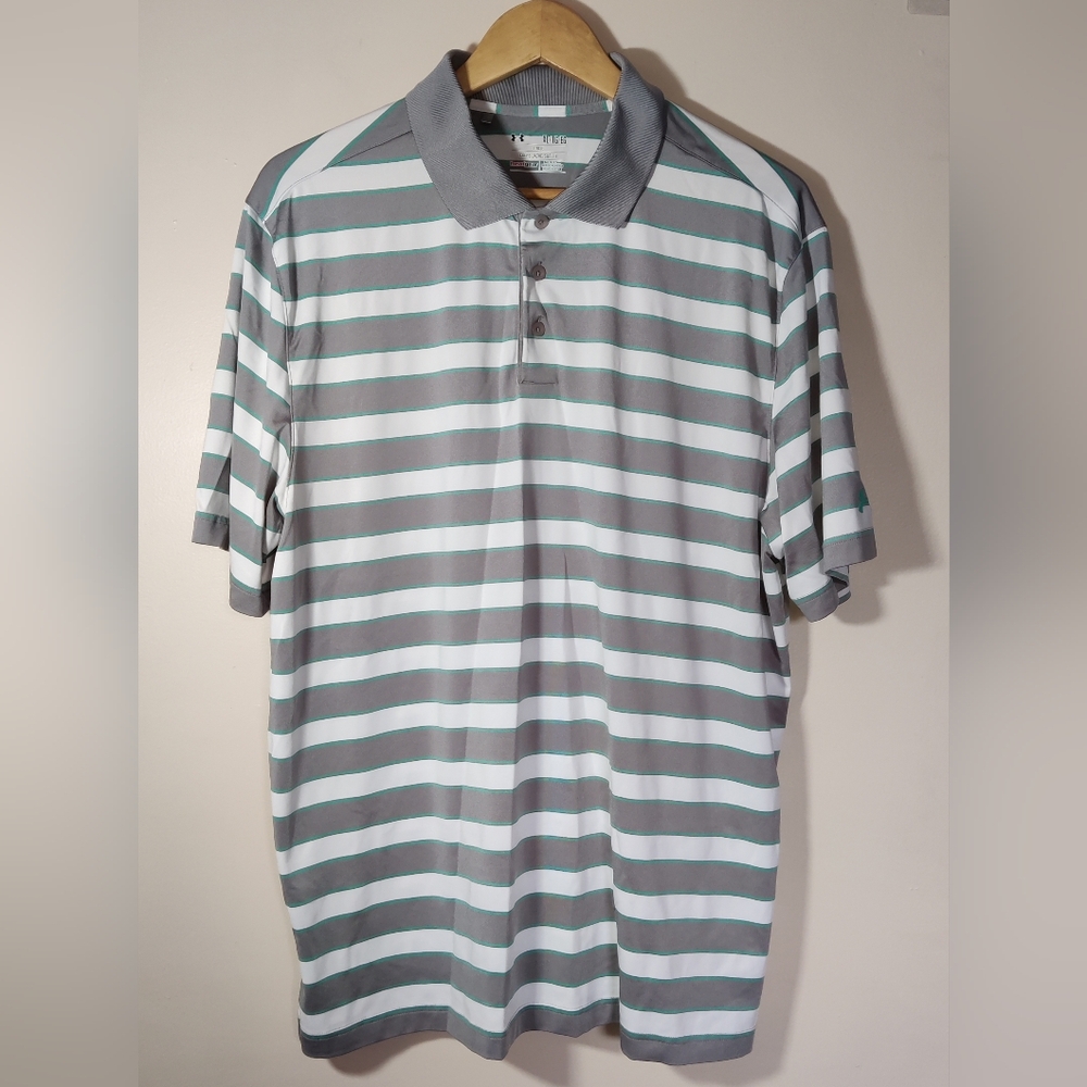 Under Armour Mens XL Polo Shirt HeatGear Loose Fit Gray White Stripe Golf Active